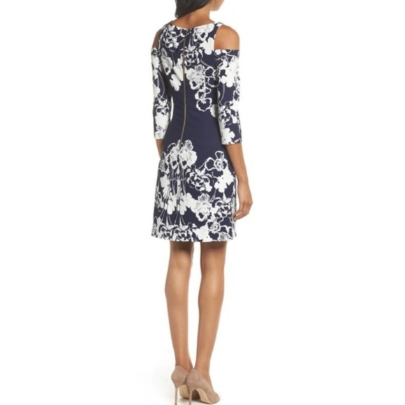 Eliza J Navy Blue and White Cold Shoulder Floral Pansy Print Dress Size 6 - Picture 2 of 12